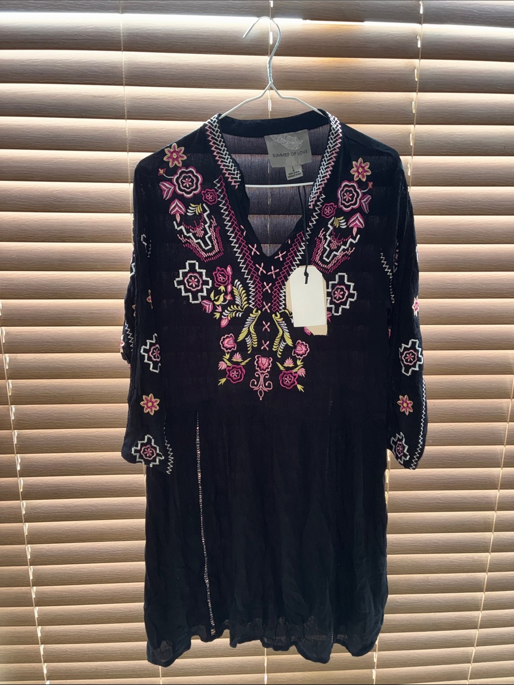 Summer of Love | Black Mini Dress with Pink & Yellow Embroidery